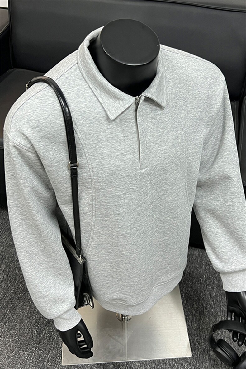 灰色polo衫男生秋季高级感长袖卫衣复古cleanfit宽松纯色简约上衣,男装卫衣,电商A022