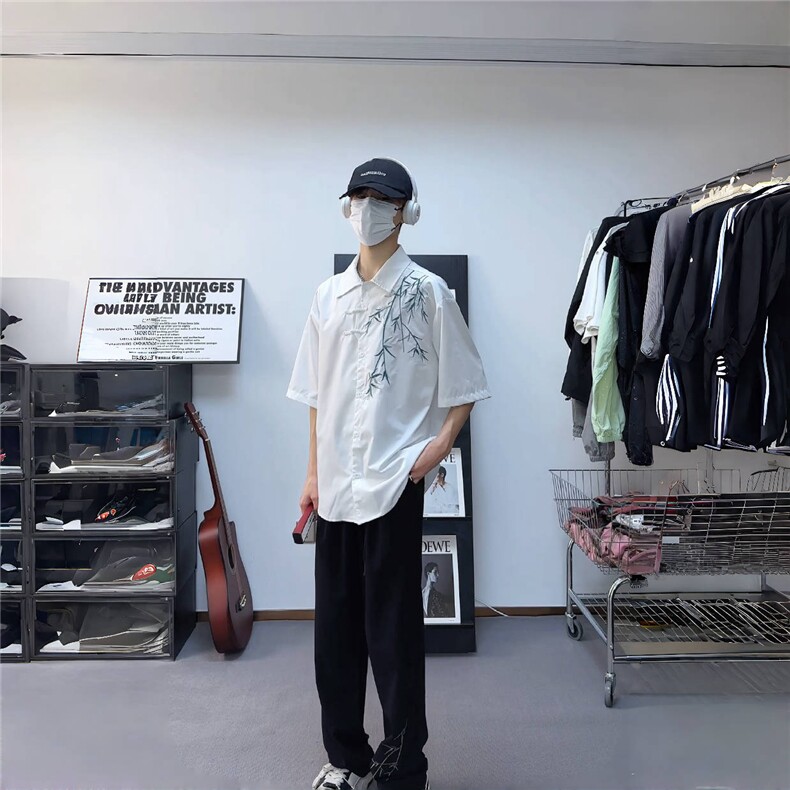 新中式男装风刺绣竹子短袖衬衫男款七分袖衬衣1007-H60-特P35,男装衬衫,星座1007（原301D）