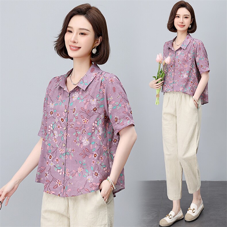 棉麻印花短袖薄款衬衫女2025年夏季新款小个子宽松妈妈遮肚子上衣，女装衬衫，依恋蒂丝