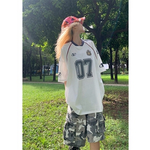 美式复古字母涂鸦印花网面短袖T恤男夏季宽松半袖球衣 T5005图片