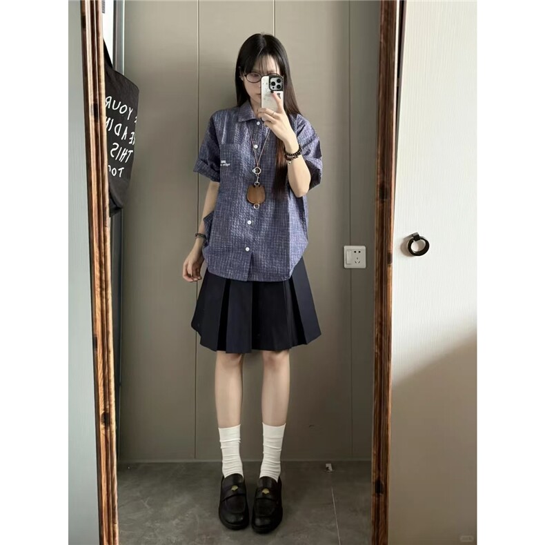 紫蓝色织格子泡泡纱短袖衬衫夏季潮牌宽松防晒衫ins美式格纹衬衣图片