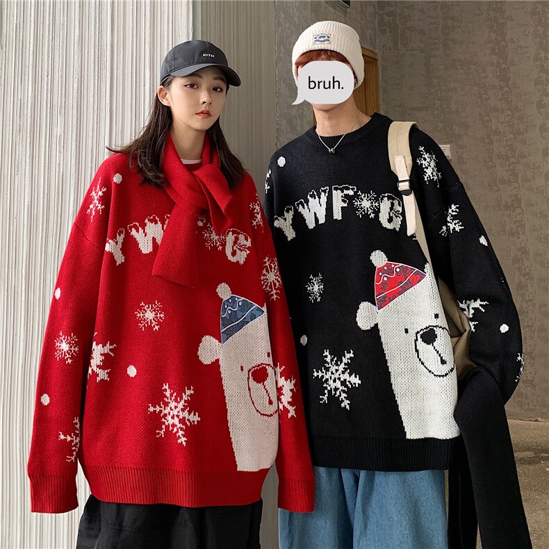 Q3001 情侣装冬装2024新款圣诞毛衣男女学院风卡通小熊提花 P78图片