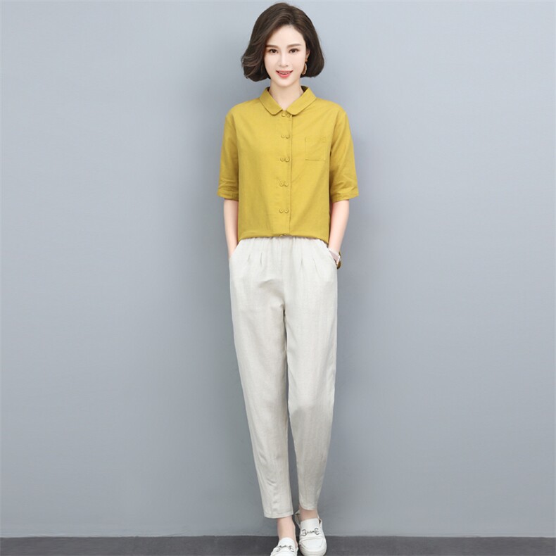 夏季套装2024新款女士休闲棉麻上衣小脚裤宽松薄款透气时尚两件套,女装套装/套裙,璐依舞
