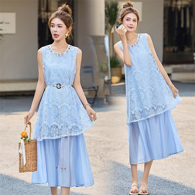 法式气质优雅连衣裙女2025夏季新款收腰显瘦贝壳钉珠蕾丝拼接裙子，女装连衣裙，依路服饰