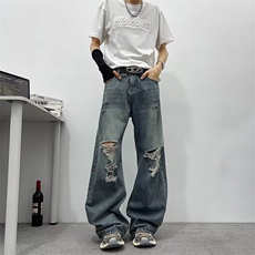 破洞牛仔裤男2025新款夏季美式复古潮牌设计感宽松青少年直筒裤子，男装牛仔裤，星座601-1