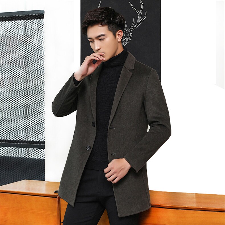 【模特图】秋冬男士休闲中长款双面呢大衣羊毛风衣外套8067P375，男装毛呢大衣，电商D225