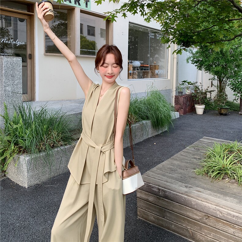 新款现货主推夏季无袖气质套装女老钱风阔腿裤清冷感韩系两件套,女装套装/套裙,网红馆