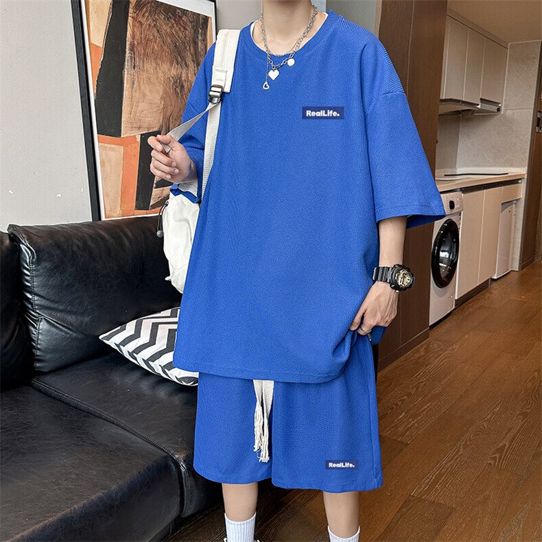 华夫格薄款休闲套装男夏季短袖t恤男装一套搭配帅气潮牌运动套装,男装T恤,星座1904A-1