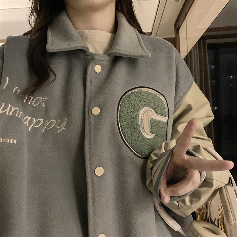 美式棒球服女秋冬刺绣拼接皮袖复古夹克情侣宽松翻领外套C668-75,男装夹克,星座911-2(原星座613-2）