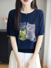 2025年夏季常规不连帽兰花草小猫时尚百搭通勤短袖，女装T恤，鄂维那特