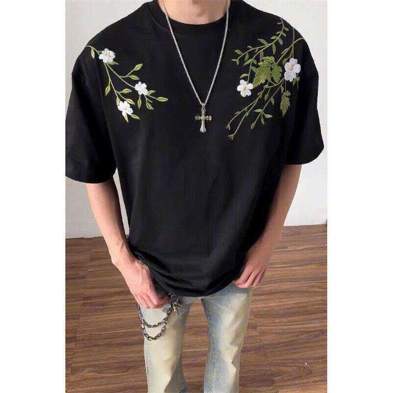 美式复古字母花卉刺绣短袖T恤男女夏宽松休闲百搭上衣T5803-p43，男装T恤，星座1008-2