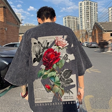 xz605-dsx128-特批30控492026春季新款玫瑰报纸印花水洗短袖T恤，男装T恤，星座605(原A050)