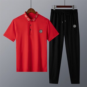 短袖t恤男2023新款两件套翻领短袖长裤休闲冰丝夏季搭配帅气运动图片