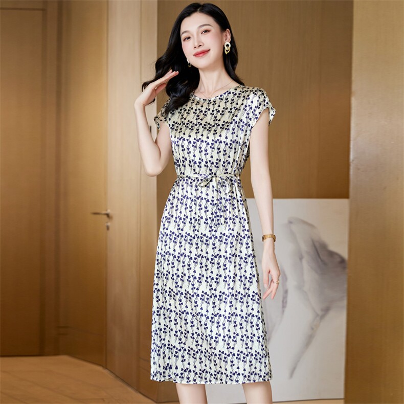 杭州19姆米重磅真丝连衣裙女夏季2025新款减龄印花收腰桑蚕丝裙子，女装连衣裙，阿舍尔精品