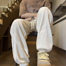 杏色肌理感裤子男款春秋季2025新款冰丝潮牌网眼透气束脚休闲长裤，男装休闲裤，电商B325