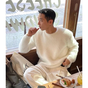 纯色圆领套头毛衣男秋冬新款高级感宽松慵懒风针织衫上衣网图图片