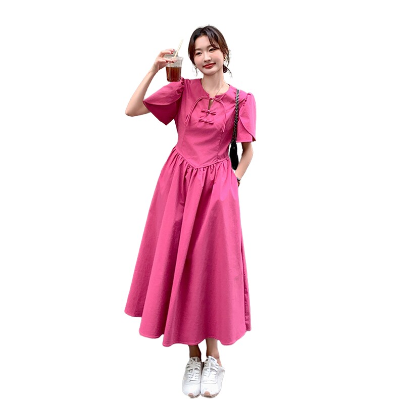 现货玫粉色新中式长款连衣裙2593-P120-K178,女装连衣裙,2C159