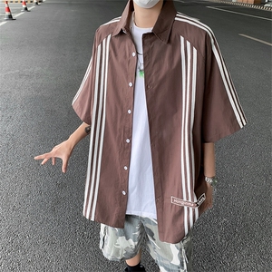 2024夏季新款港风日系复古宽松版条纹翻领短袖衬衫男潮 ZC727-P40图片