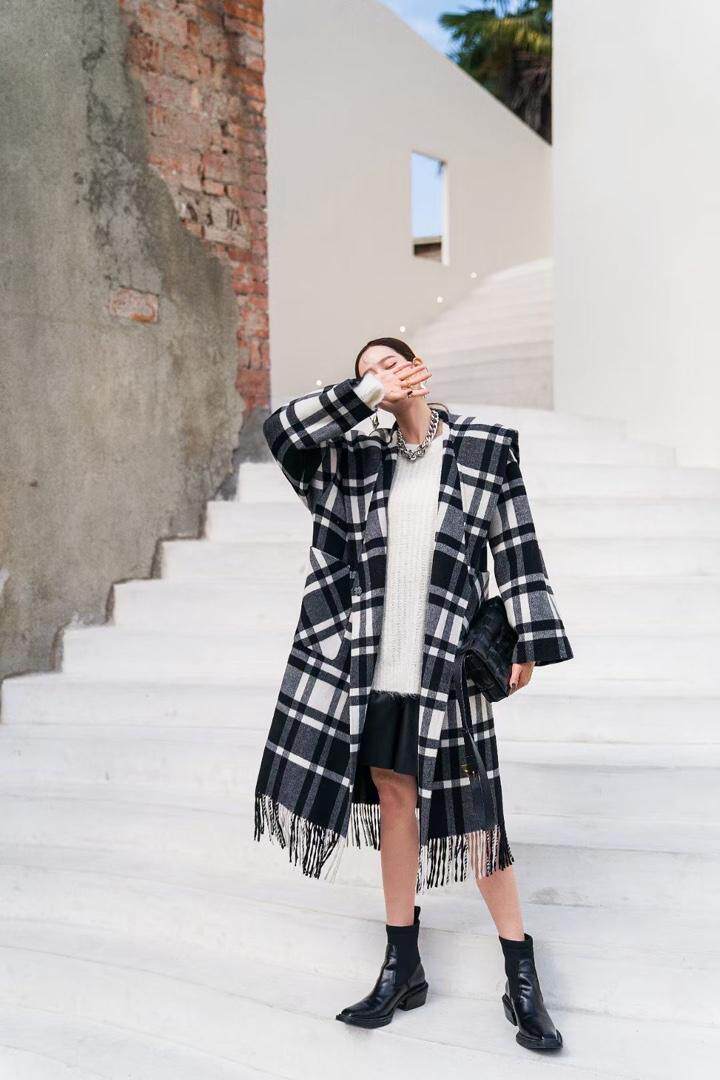 冬季新款黑白大格纹流苏双面呢大衣，女装，AUDREY WANG