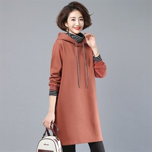 2022年绣花抽绳连帽简约套头中长款加绒卫衣,女装卫衣/绒衫,依倍林