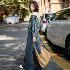 新中式复古盘扣印花牛仔套装2025秋季洋气减龄阔腿裤两件套，女装套装/套裙，欣品汇