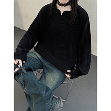 主推慵懒风肌理感小v领长袖T恤提花休闲卫衣宽松中性上衣H991P38，男装T恤，电商A341