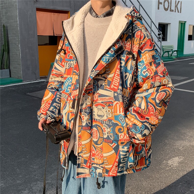 2025冬装涂鸦印花男士羊羔毛棉衣连帽宽松棉服棉袄M505-特P110,男装棉衣,电商A006