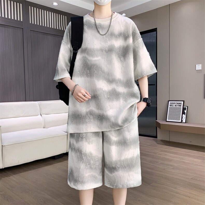 港风套装男扎染满天星圆领宽松休闲短袖T恤短裤套装TZ6630-P55,男装休闲套装,星座310B-3