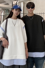 情侣装港风设计条纹衬衫拼接潮情侣短袖T恤上衣男G1052P45女，男装T恤，电商A339