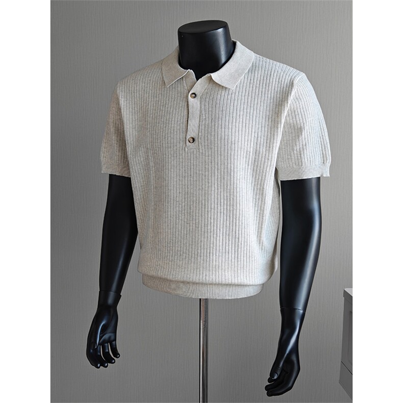 盗图老钱风新贵坑条纹纯色翻领针织短袖POLO衫E77154/P55控78，男装T恤，电商A243