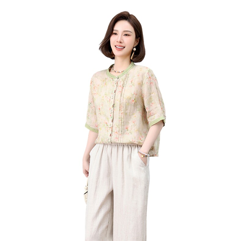 2025夏装新款复古舒适显瘦撞色印花苎麻衬衫轻薄阔腿裤,女装衬衫,凝聚力