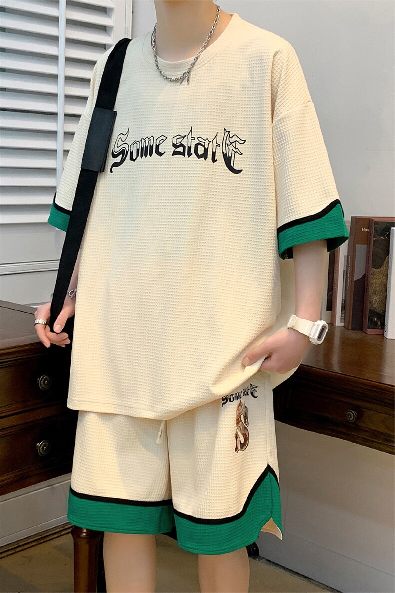 2024夏季潮冰感短袖百搭套装撞色华夫格运动服男女6617-P70控价98,男装T恤,电商A441-1