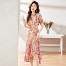 2025夏季复古立领荷叶边花朵不规则长款连衣裙，女装连衣裙，施恩睿棋