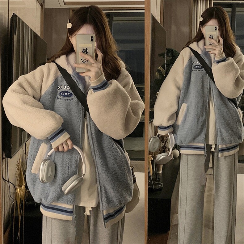 C547-P120加绒加厚女新款羊羔绒中学生毛毛外套棉服可爱棒球服图片