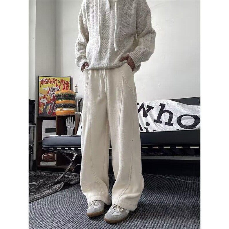 弯刀卫裤男秋冬款加绒加厚美式阔腿休闲裤男士重磅宽松直筒运动裤图片