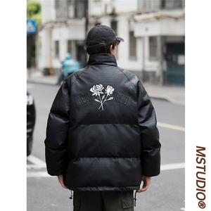 中性风羽绒棉服男生春秋冬季钢印PU皮面包服潮牌宽松立领棉衣外套图片