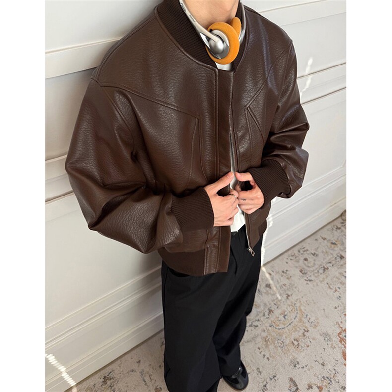 抖音得物高品质美式高街复古老钱风PU皮夹克外套男女短款机车皮衣，男装夹克，电商A486