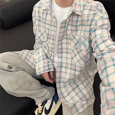 美式刺绣字母格子长袖衬衫男秋季ins潮宽松百搭格纹衬衣GC28-P40，男装衬衫，星座1008