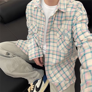 美式刺绣字母格子长袖衬衫男秋季ins潮宽松百搭格纹衬衣GC28-P40图片