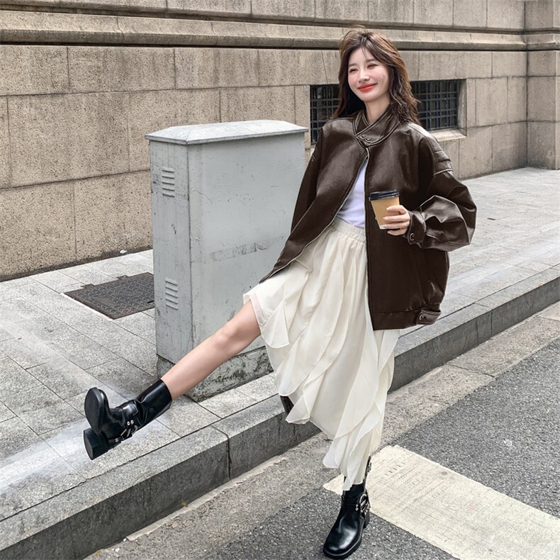 甜酷风美式复古黑色皮衣外套女春秋2025新款超火爆款高级感PU夹克,女装皮衣,2D076