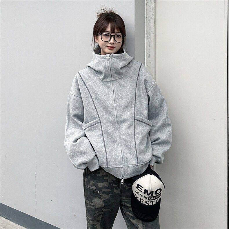 抖音得物高品质秋冬美式高街重磅结构辑明线纹理连帽卫衣外套W111,男装卫衣,电商A486