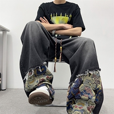 新中式小熊拼接牛仔裤男春夏潮牌痞帅直筒裤美式阔腿裤N9120-P45，男装牛仔裤，星座308B-1