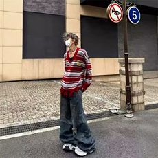 M253-P50美式复古条纹情侣针织外套男冬季小众破坏感宽松，女装短外套，电商B323A