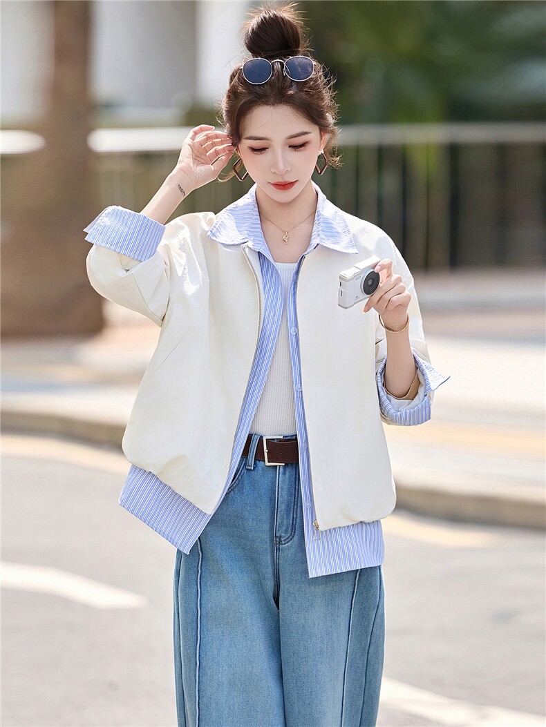 时尚条纹拼接假两件短外套女春季新款设计感减龄夹克风衣上衣,女装短外套,秀美人生