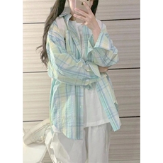 小清新薄荷绿polo领格子衬衫女2025春秋新款幂式穿搭长袖衬衣外套，男装衬衫，星座506A