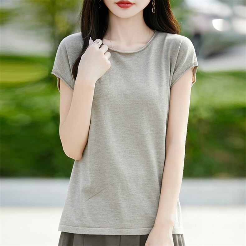 高级感简约圆领针织小飞袖T恤女2025新款宽松显瘦百搭短袖t恤上衣,针织衫/毛衣,羿纯羊绒
