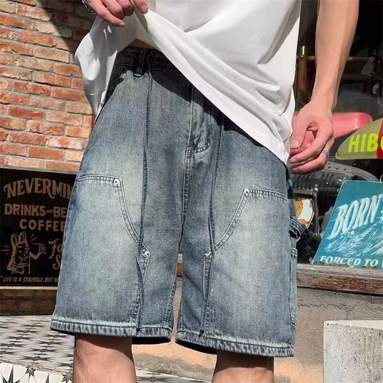 日系复古水洗牛仔短裤男夏季美式高街潮牌休闲潮流松紧腰五分裤子,男装牛仔裤,星座506A