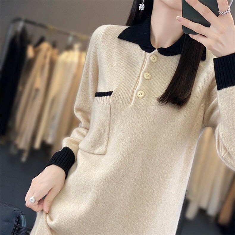 女士羊毛衫女秋冬季保暖针织POLO领羊毛裙,女装连衣裙,暖思雅