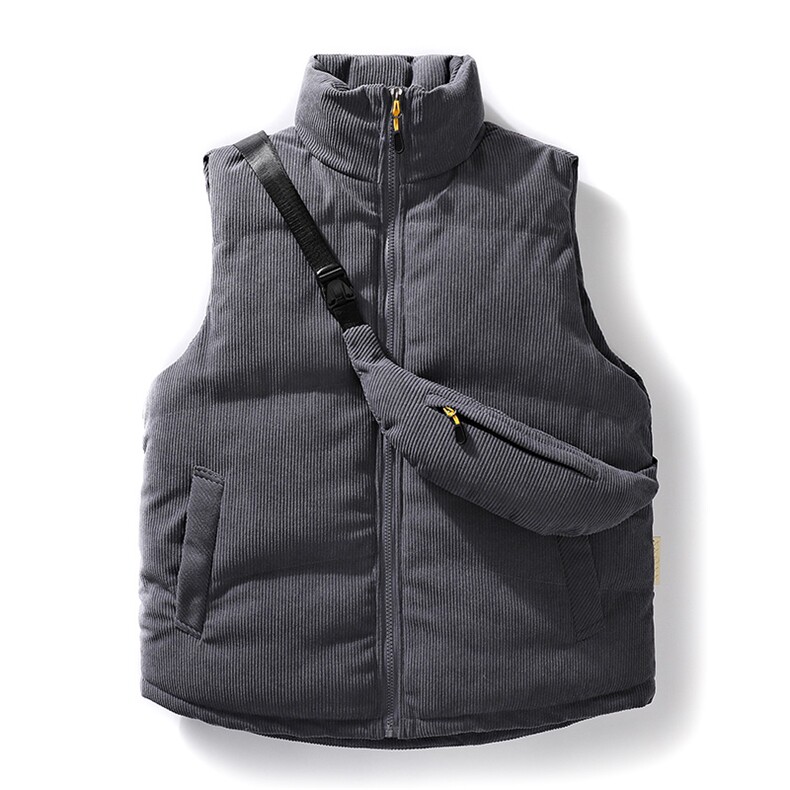 冬季灯芯绒棉马甲男日系复古加厚立领棉服情侣外套配挎包8516-P70,男装棉衣,电商B306