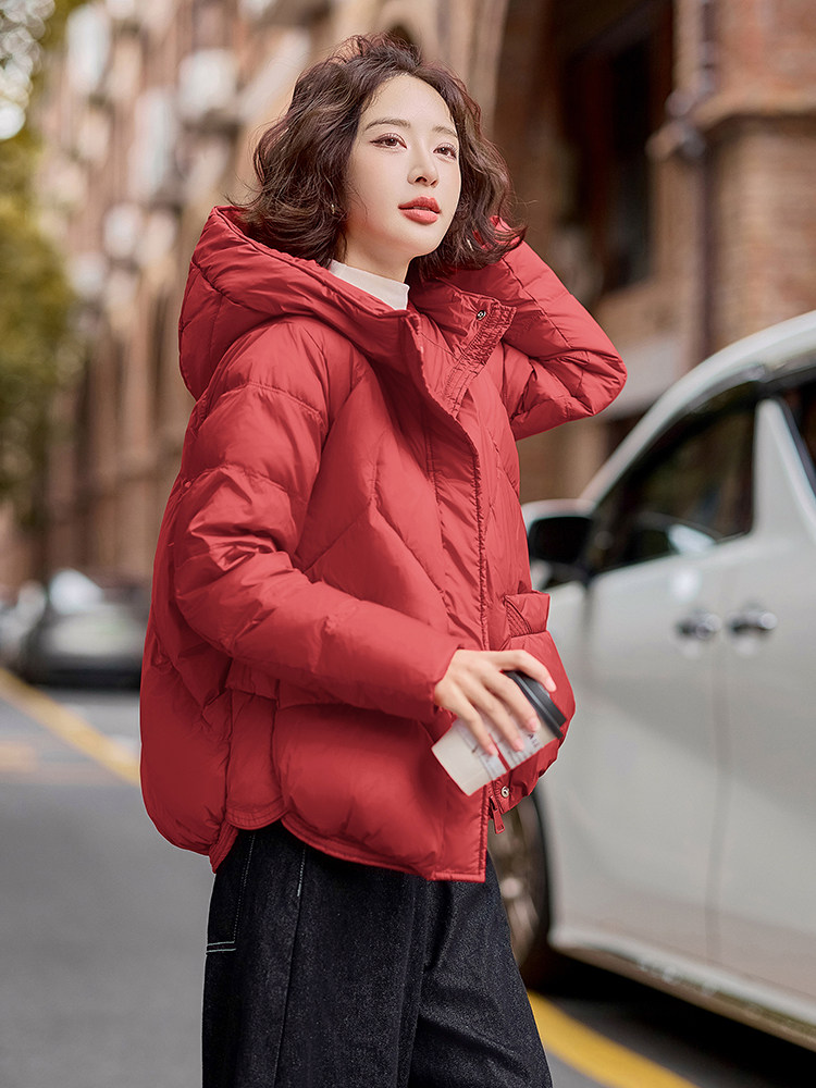 红色短款羽绒服女高级设计感90白鸭绒小个子韩版宽松加厚冬季外套,女装羽绒服,梦懿尔